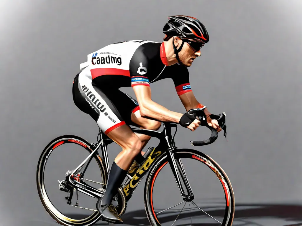 Uma imagem de um ciclista em ação, com foco nas pernas e nos pés. O ciclista está usando sapatos de ciclismo e sua técnica de pedalada é capturada no meio do movimento. A imagem mostra os diferentes ângulos e posições dos pedais, destacando o estilo único de pedalada do ciclista.