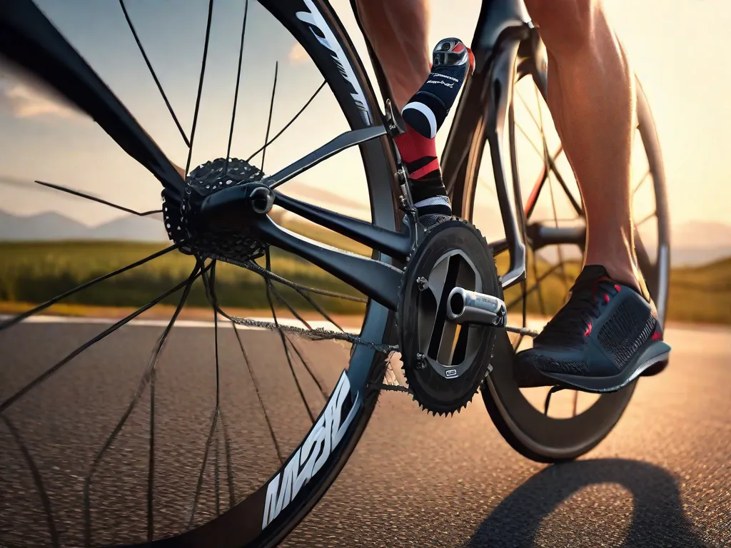 Uma imagem em close das pernas de um ciclista pedalando uma bicicleta de estrada, destacando músculos bem definidos da panturrilha e da coxa, com o pano de fundo de uma estrada de asfalto liso e paisagem campestre durante o nascer do sol.