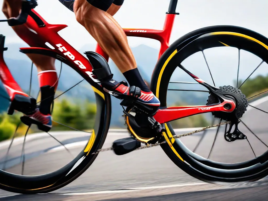 Uma imagem de perto das pernas de um ciclista pedalando em uma bicicleta de estrada, com foco nos músculos da panturrilha e no mecanismo de marchas da bicicleta, contra um fundo desfocado de uma estrada sinuosa na montanha, simbolizando a resistência e o desafio de pedalar morro acima.