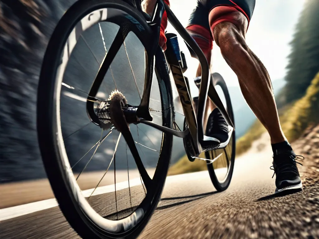 Descrição da imagem: Um close-up das pernas de um ciclista, cobertas de suor e sujeira, pedalando vigorosamente em uma estrada íngreme. Os músculos estão visivelmente tensos, demonstrando a determinação e resistência física necessárias para aumentar a resistência física.