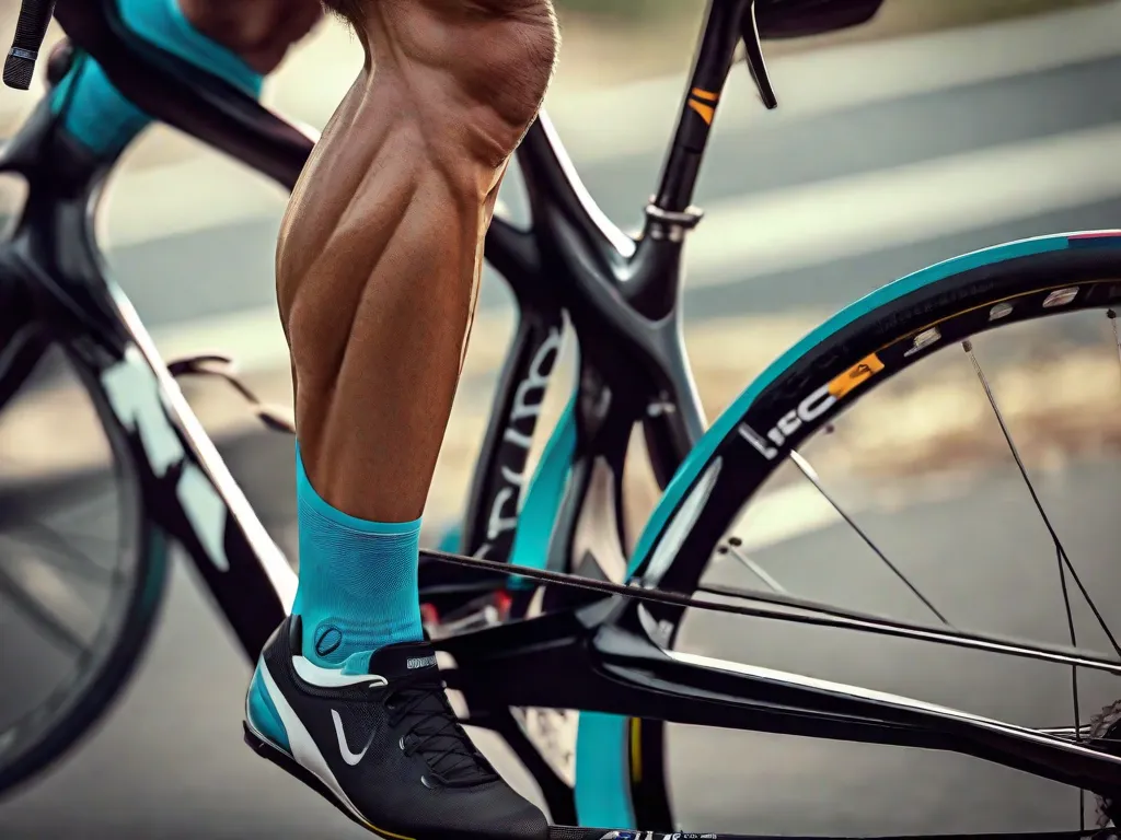 Descrição da imagem: Um close-up dos músculos das pernas de um ciclista em movimento, mostrando a força e o poder necessários para pedalar. A imagem captura os músculos flexionados, tendões e veias, destacando os benefícios físicos do ciclismo no fortalecimento dos músculos e articulações.