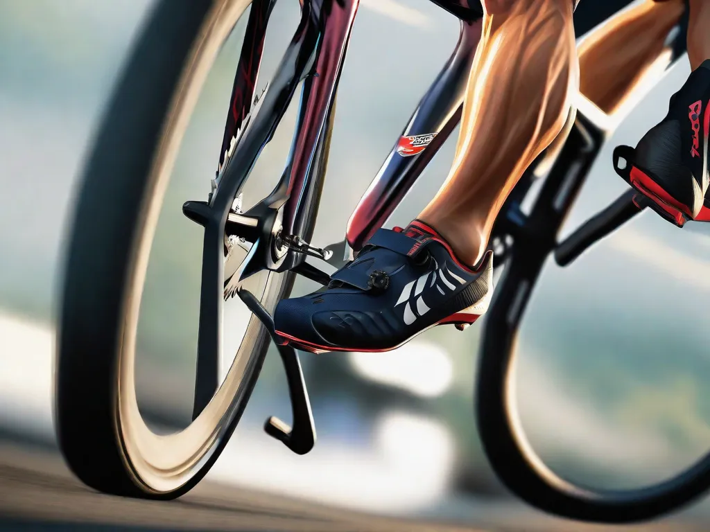 Uma imagem em close-up das pernas de um ciclista em movimento, com foco nos pés pressionando os pedais. Os músculos nas pernas estão visivelmente tensos, mostrando a intensidade e dedicação do ciclista enquanto pratica sua pedalada.
