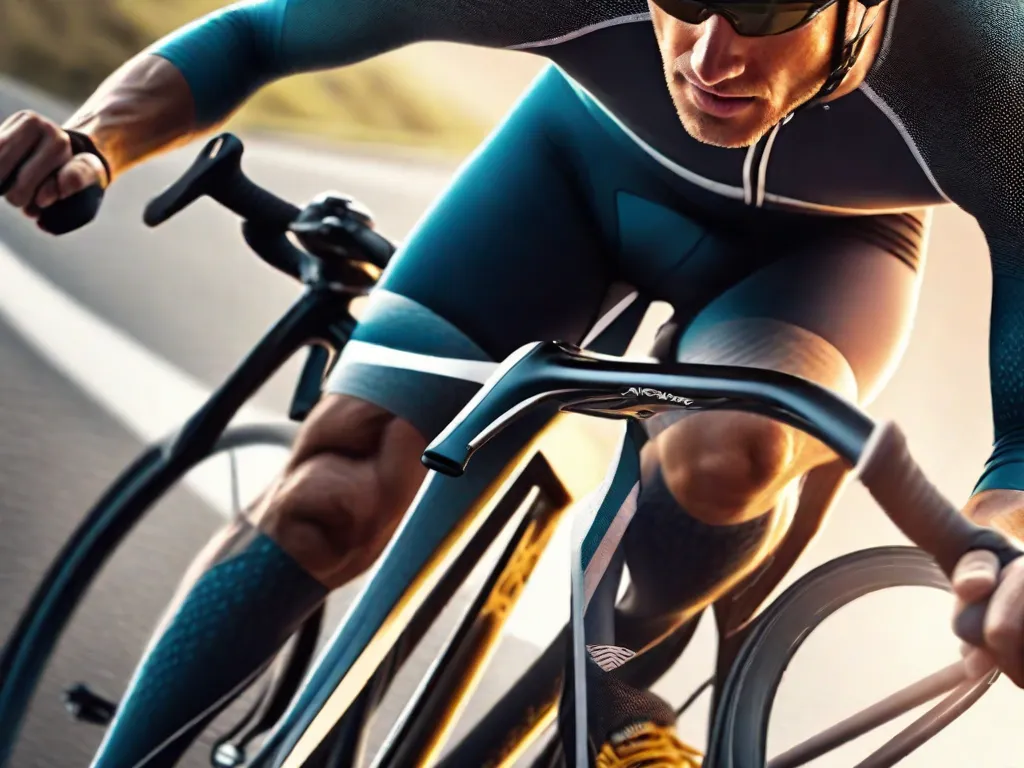 Uma imagem em close-up das pernas musculosas de um ciclista, cobertas de suor, pedalando em uma estrada íngreme de montanha. As veias e músculos estão claramente visíveis, mostrando a força física e resistência necessárias para o ciclismo. A determinação no rosto do ciclista reflete a intensa preparação física exigida para esse esporte desafiador.