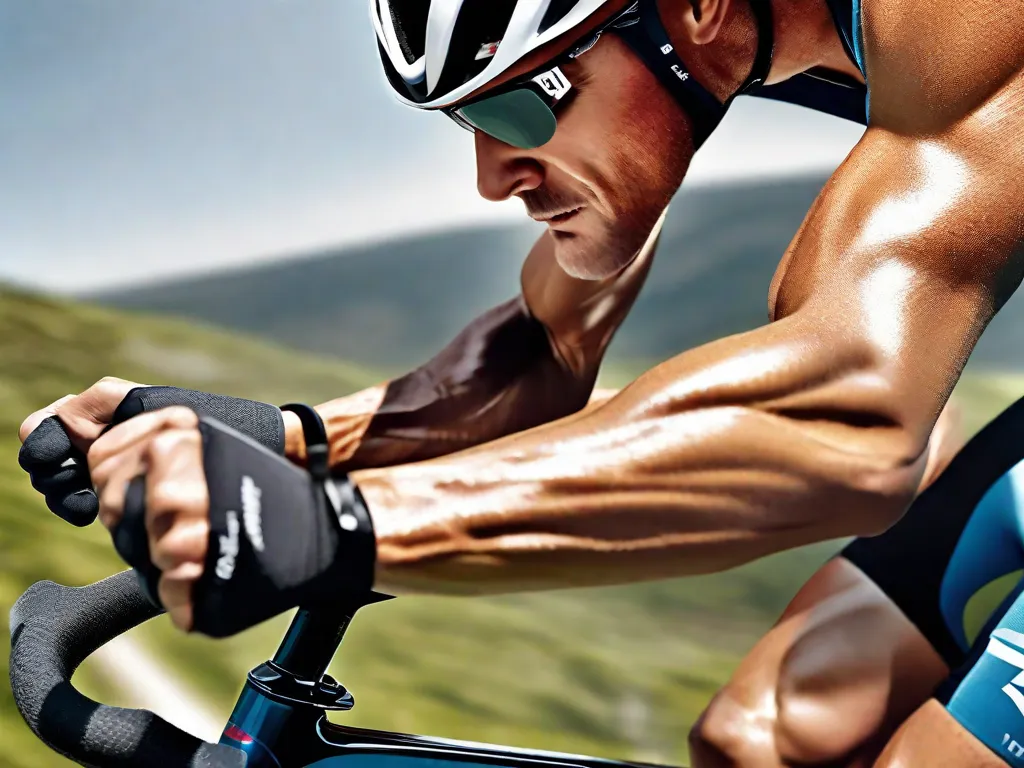 Descrição: Uma imagem em close-up das pernas musculosas de um ciclista, brilhando com suor enquanto pedalam morro acima. Os músculos da panturrilha e quadríceps definidos mostram os poderosos efeitos do treinamento de força no desenvolvimento muscular, enfatizando a importância de incorporá-lo à rotina de ciclismo para melhorar o desempenho e a resistência.
