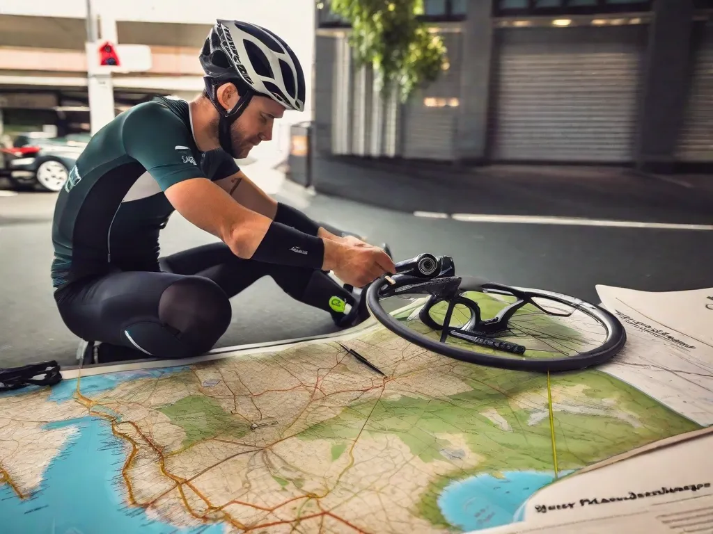 A imagem mostra um ciclista segurando um mapa e planejando sua rota antes de sair para pedalar. Ele está sentado em uma mesa com seu capacete e equipamento ao lado, enquanto traça o percurso em um mapa detalhado. O planejamento prévio ajuda a garantir uma viagem segura e sem contratempos.