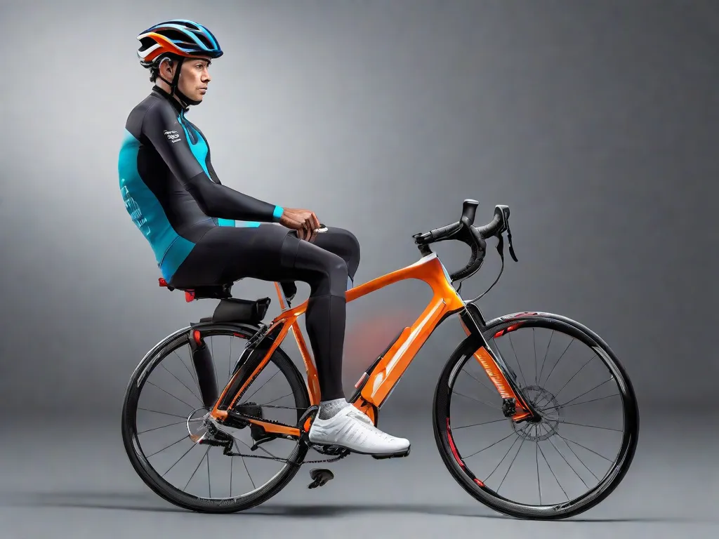 Uma imagem de um ciclista sentado em uma bicicleta com a altura correta do selim, demonstrando a posição adequada para conforto e eficiência ótimos. As pernas do ciclista estão ligeiramente dobradas na parte inferior do movimento do pedal, garantindo alinhamento adequado e reduzindo o risco de lesões.