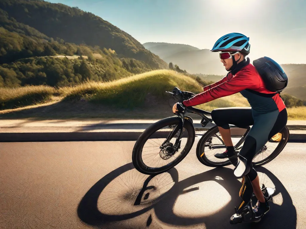 Descrição: Uma imagem em close-up de um ciclista usando equipamento de proteção, incluindo capacete, joelheiras e cotoveleiras. O ciclista está ajustando a altura do banco da bicicleta, demonstrando um ajuste adequado da bicicleta. Essa imagem representa a importância de tomar medidas preventivas e manter uma postura adequada para evitar lesões comuns no ciclismo.