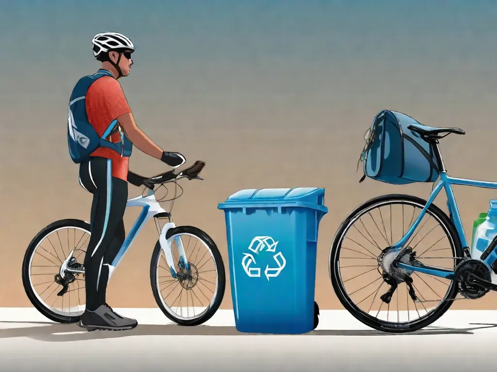 Um ciclista faz uma pausa ao lado de uma lixeira de reciclagem, colocando uma garrafa de água usada dentro dela. A bicicleta está equipada com acessórios ecológicos, incluindo uma garrafa reutilizável em seu suporte e alforjes feitos de materiais reciclados. Um céu azul claro indica um dia livre de poluição, enfatizando a sustentabilidade na