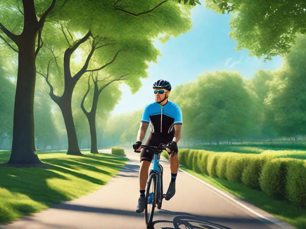 Um ciclista adulto está respirando fundo em um parque tranquilo, com as mãos apoiadas no guidão de sua bicicleta, olhos fechados e ombros relaxados, tendo ao fundo árvores verdejantes e um céu azul límpido.