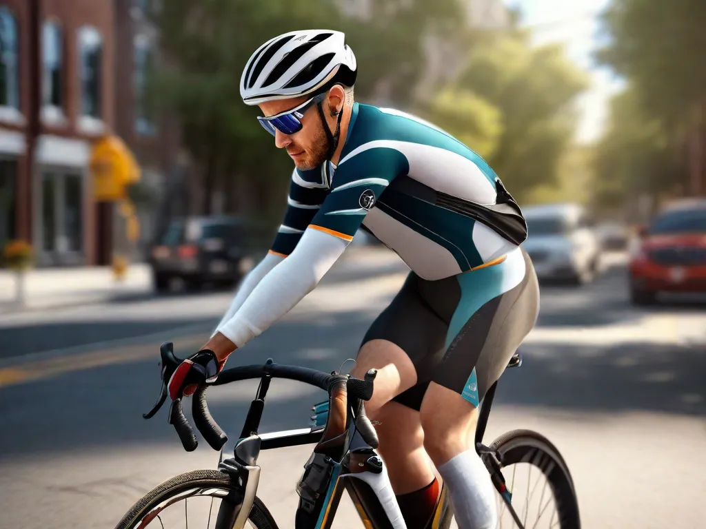 Descrição: Uma imagem em close-up de um ciclista usando equipamento de proteção, incluindo capacete, joelheiras e cotoveleiras. O ciclista está ajustando a altura do banco da bicicleta, demonstrando um ajuste adequado da bicicleta. Essa imagem representa a importância de tomar medidas preventivas e manter uma postura adequada para evitar lesões comuns no ciclismo.