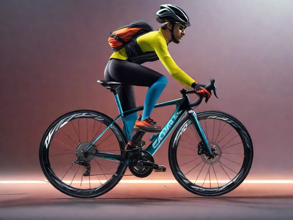 Uma imagem de um ciclista usando capacete, roupas refletivas e joelheiras, com um cadeado preso à sua bicicleta. Ele está rodeado por vários equipamentos de segurança, como luzes, uma campainha e um colete refletivo. Essa imagem enfatiza a importância dos equipamentos de segurança essenciais para os ciclistas.