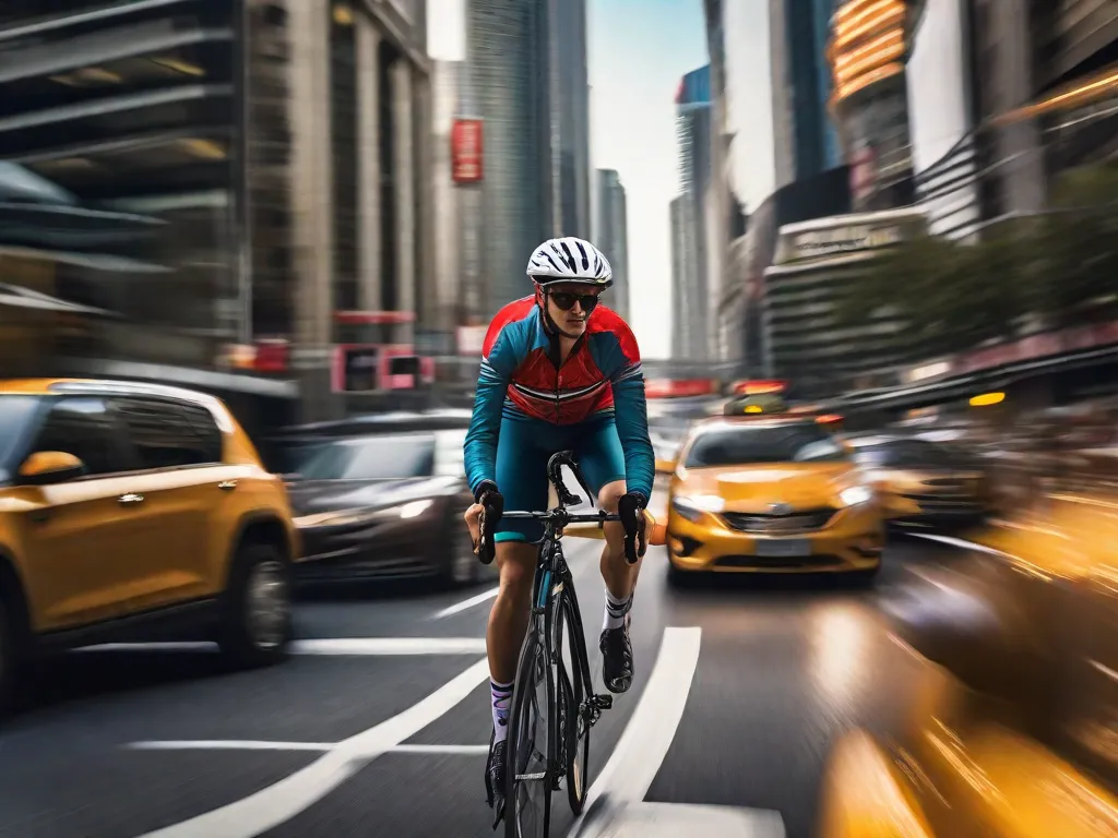 Uma imagem de um ciclista usando capacete, roupas refletivas e obedecendo às regras de trânsito enquanto anda por uma rua movimentada da cidade. O comportamento responsável do ciclista promove uma cultura de segurança e serve de exemplo para os outros seguirem.