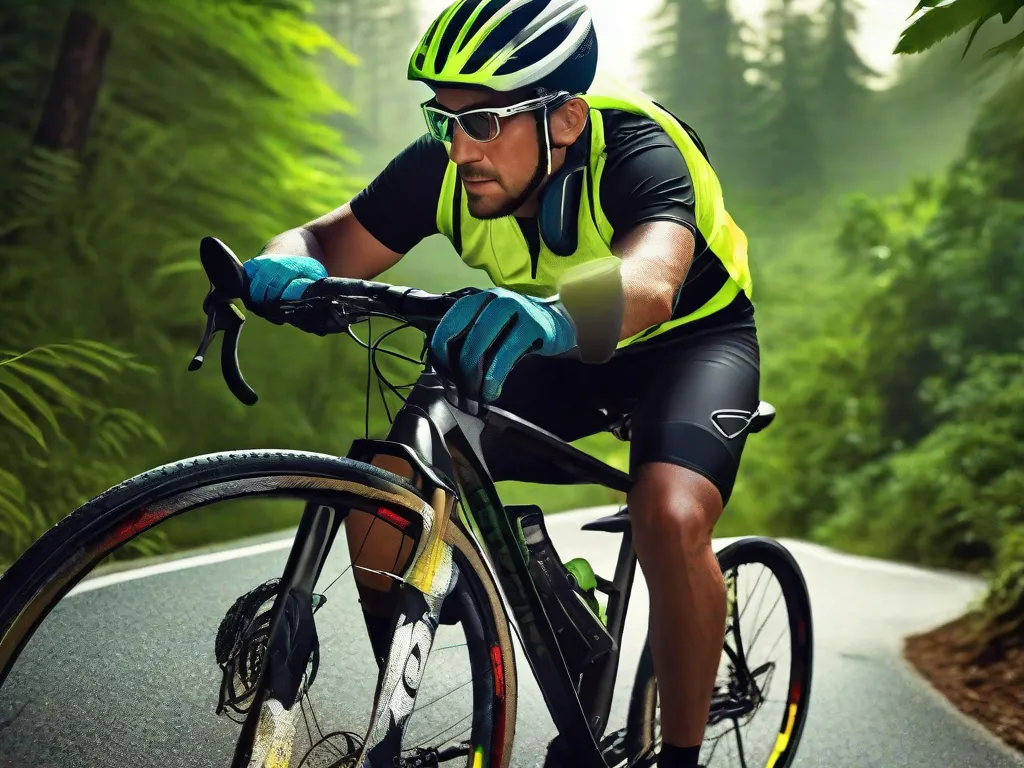 Um ciclista vestido com capacete de segurança, colete refletor e luvas, faz uma pausa ao lado da estrada, verificando o ajuste das suas proteções de cotovelo e joelho com um cenário de vegetação exuberante ao fundo. Sua bicicleta de montanha está equipada com luzes LED brilhantes para visibilidade.