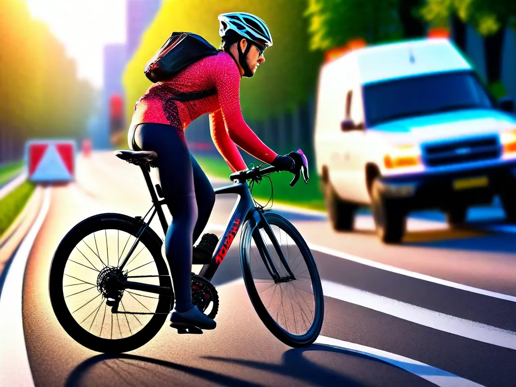 Descrição da imagem: Um ciclista usando capacete e roupas refletivas está pedalando em uma ciclovia bem sinalizada. O ciclista está sinalizando uma curva com o braço esquerdo enquanto mantém uma distância segura dos carros estacionados. A imagem destaca a importância de seguir medidas de segurança ao pedalar para prevenir acidentes.