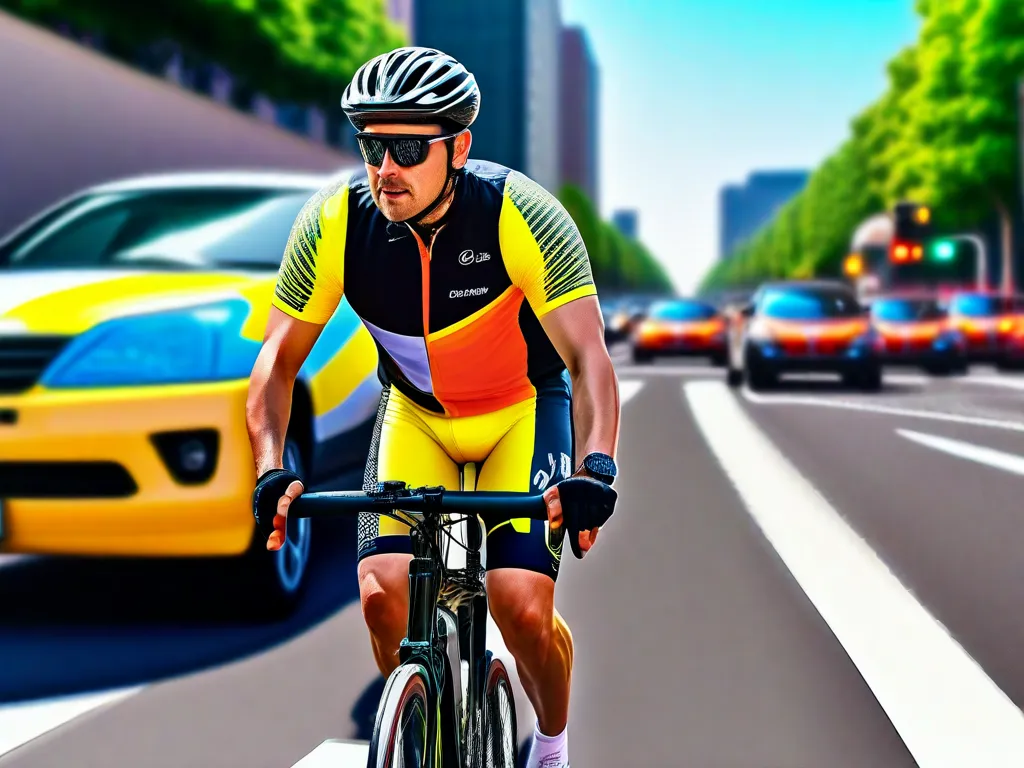 Descrição da imagem: Um ciclista usando capacete e colete reflexivo está pedalando em uma faixa exclusiva para bicicletas, cercado por carros e pedestres. O ciclista está sinalizando com a mão para indicar uma curva, demonstrando a importância de seguir as leis de trânsito e respeitar as regras da estrada.