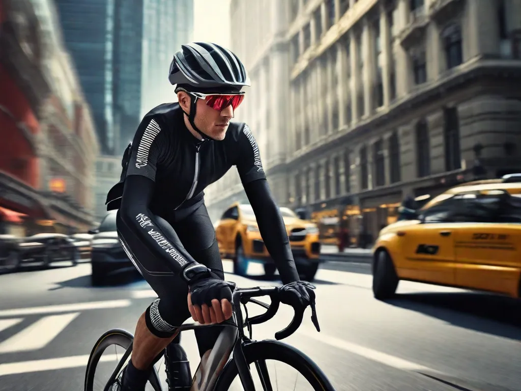 Uma imagem de um ciclista usando capacete e roupas refletivas, navegando com confiança por uma rua movimentada da cidade. A expressão concentrada do ciclista e a visibilidade clara do equipamento de segurança enfatizam a importância de priorizar a segurança ao andar de bicicleta.