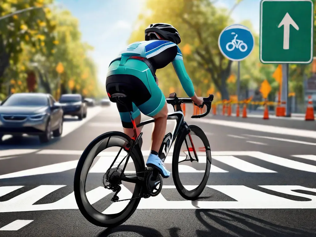 Um ciclista pedala em uma faixa de bicicleta demarcada, mantendo uma distância segura dos carros estacionados. Equipamentos refletivos e um capacete são visíveis para segurança. O fundo mostra uma estrada livre com placas de trânsito enfatizando a regra de distância.