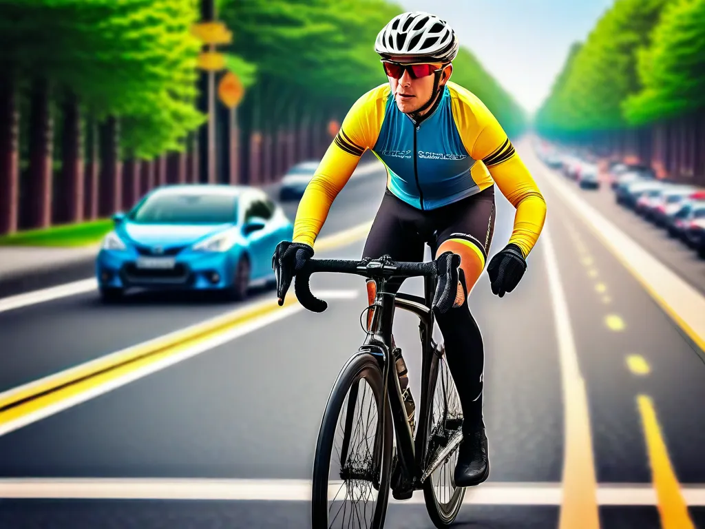 Descrição da imagem: Um close-up de um capacete, luvas e joelheiras de ciclista dispostos em uma mesa de madeira. O capacete é elegante e aerodinâmico, com tiras ajustáveis e furos de ventilação. As luvas são acolchoadas e possuem uma aderência segura, enquanto as joelheiras são robustas e ajustáveis para máxima proteção. Esses itens essencia