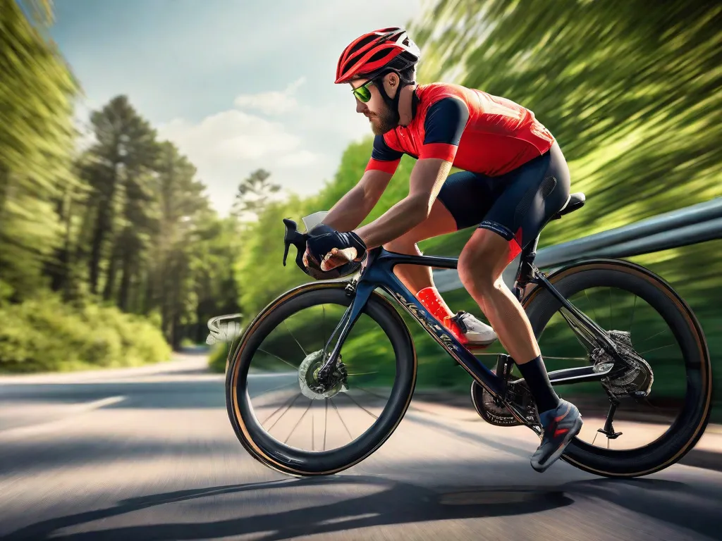 Uma imagem de um ciclista usando capacete, roupas refletivas e pedalando em uma ciclovia bem conservada. O ciclista tem uma postura confiante e relaxada, destacando a importância da segurança e do conforto ao pedalar.