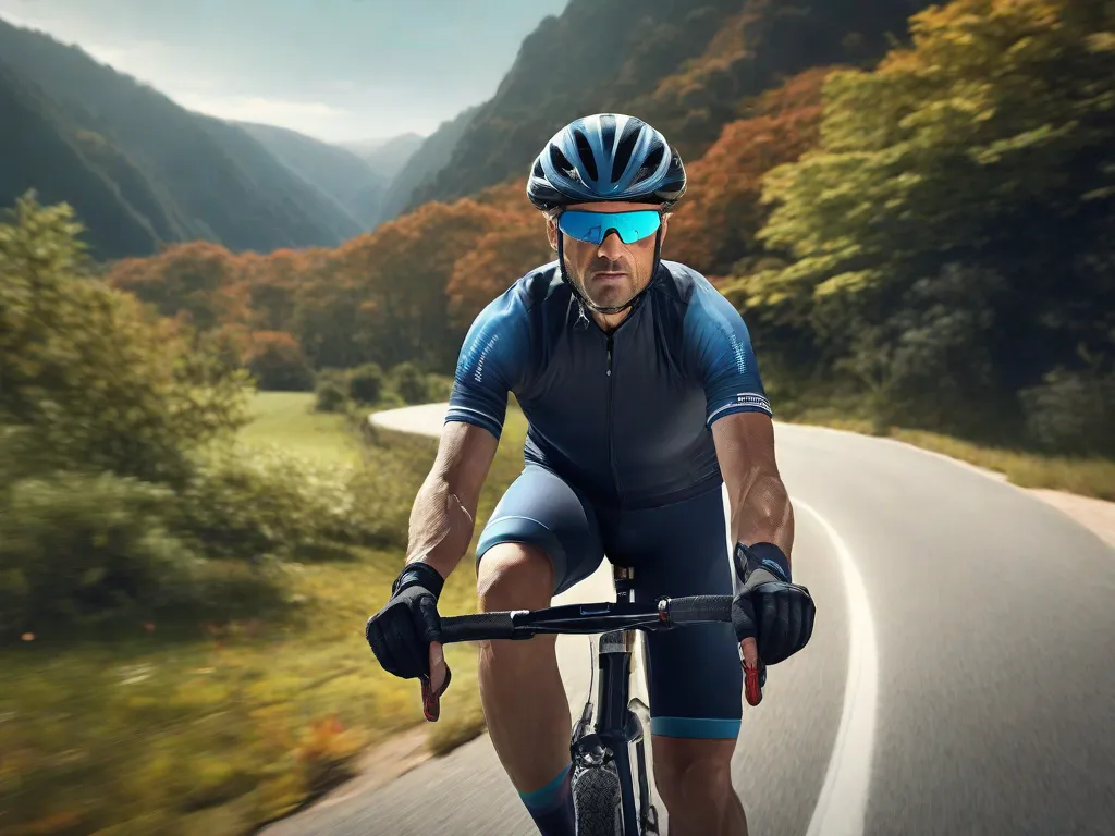Descrição: Uma imagem de um ciclista usando equipamentos de proteção, incluindo capacete, joelheiras e cotoveleiras, enquanto pedala em uma estrada cênica. O ciclista é visto mantendo uma postura adequada e usando sinais de mão para indicar curvas, demonstrando práticas seguras de ciclismo para prevenir lesões comuns.