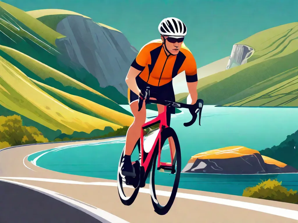 Descrição da imagem: Um ciclista usando capacete, pedalando com confiança ao longo de uma estrada costeira cênica. O capacete, com seu design elegante e cores vibrantes, se destaca como um símbolo de segurança e proteção. A expressão determinada do ciclista reflete um senso de responsabilidade e consciência em relação ao seu próprio bem-estar enquanto desfruta da liberdade de ped