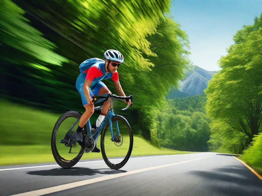 Descrição da imagem: Um ciclista usando capacete e equipamento de proteção é visto pedalando em uma estrada cênica cercada por árvores verdes exuberantes e montanhas. O ciclista mantém uma postura correta e adequada, com uma expressão concentrada no rosto. Essa imagem representa a importância de tomar precauções e adotar práticas seguras de ciclismo para prevenir lesões comuns