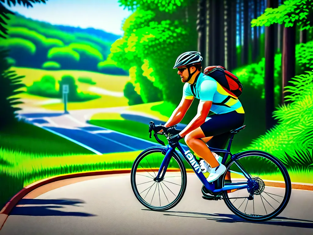 Uma imagem de um ciclista usando capacete e roupas refletivas, navegando com confiança por uma ciclovia bem sinalizada. O ciclista está rodeado por uma vegetação exuberante e vistas panorâmicas, ilustrando a importância da segurança e do prazer da natureza ao se envolver em uma sessão de treinamento eficaz e segura.