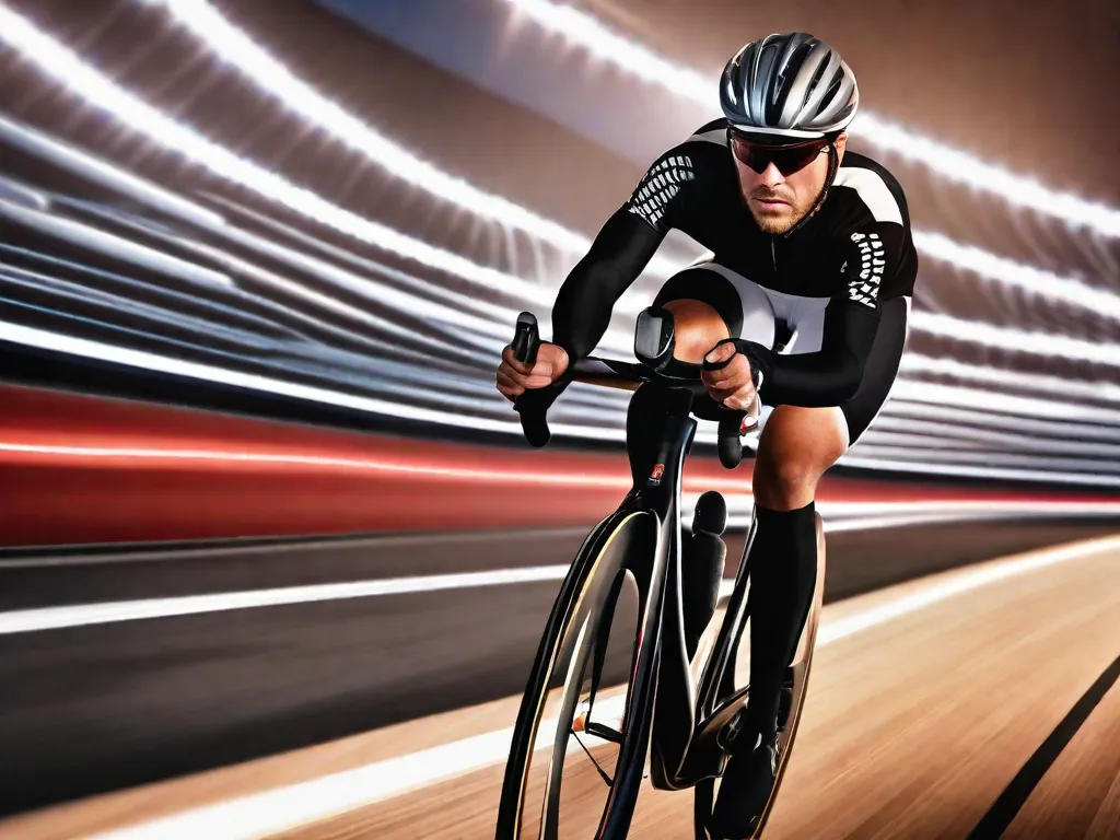 Uma imagem em close-up de um ciclista usando equipamento de proteção, navegando com confiança em uma pista de ciclismo indoor especialmente projetada. A expressão concentrada do ciclista e as linhas suaves da pista transmitem uma sensação de controle e segurança, destacando a importância de praticar em um ambiente controlado.