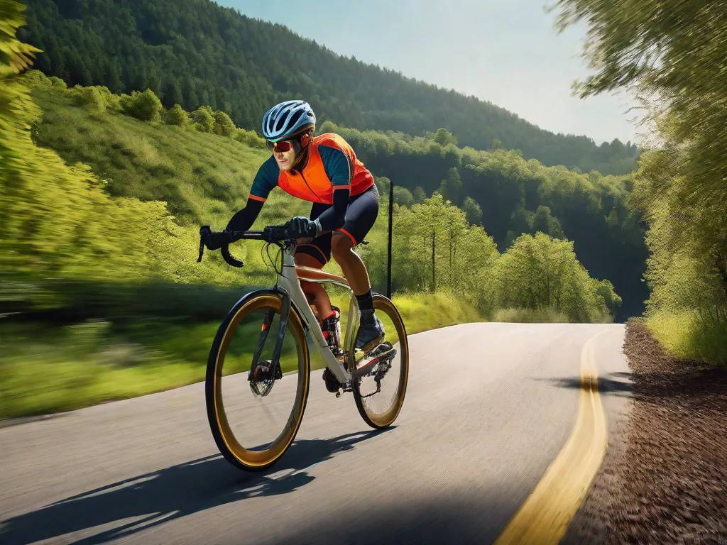 Uma imagem de um ciclista usando um capacete, pedalando confiantemente ao longo de uma trilha de bicicleta cênica. O capacete é colorido e brilhante, destacando a importância de usar equipamentos de proteção ao pedalar. A imagem transmite uma sensação de segurança, responsabilidade e prazer no passeio.