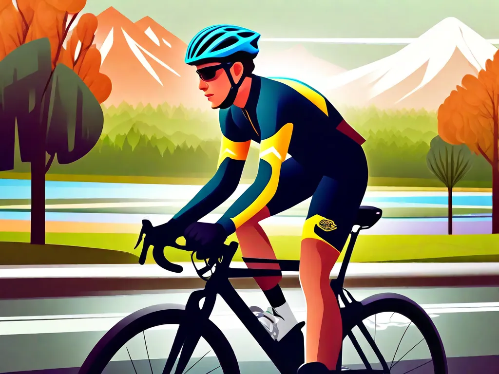 Descrição da imagem: Um ciclista usando capacete, luvas e roupas refletivas está pedalando com confiança em uma ciclovia bem conservada. O ciclista está rodeado por uma paisagem bonita, com árvores e montanhas ao fundo. Essa imagem representa a importância do equipamento de segurança e das práticas responsáveis de ciclismo para uma experiência de pedalada segura.