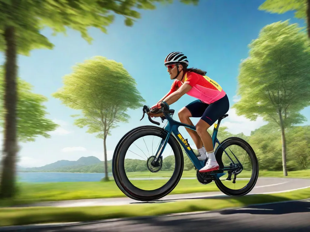 Descrição: Um ciclista usando capacete e roupas de ciclismo de cores vivas está pedalando com confiança em um caminho de bicicleta suave e plano. O caminho é cercado por árvores verdes exuberantes e um céu azul claro pode ser visto ao fundo. A expressão determinada do ciclista mostra seu compromisso com um treinamento seguro e prazeroso.