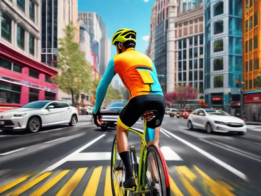 Descrição: Uma imagem vibrante mostrando um ciclista navegando com confiança pelo tráfego da cidade. O ciclista usa um capacete e uma camisa de cor viva, sinalizando a importância da segurança e da visibilidade. Os carros e prédios ao redor simbolizam o ambiente urbano, enfatizando a necessidade dos ciclistas entenderem e seguirem as regras de trânsito.