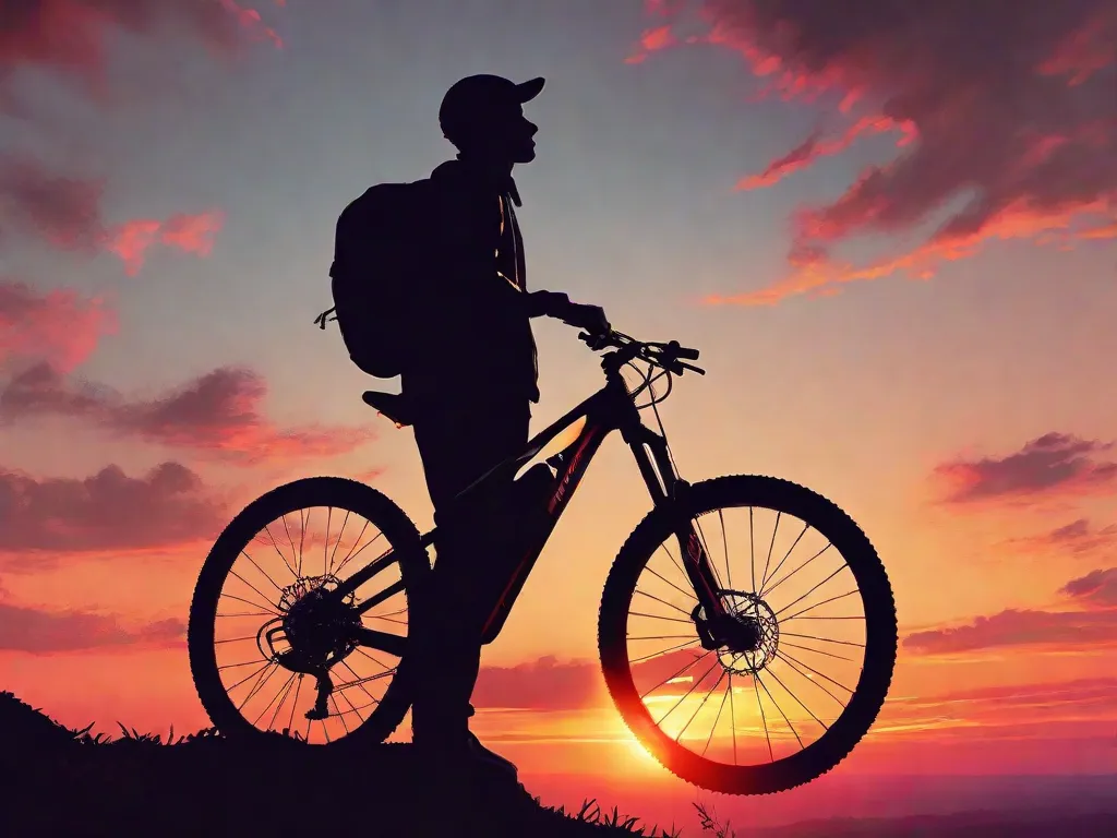 Uma pessoa de pé no topo de uma colina com uma bicicleta erguida acima da cabeça, silhueta contra um pôr do sol vibrante. Uma sensação de triunfo e confiança emana da postura, simbolizando conquistas psicológicas e autoestima.