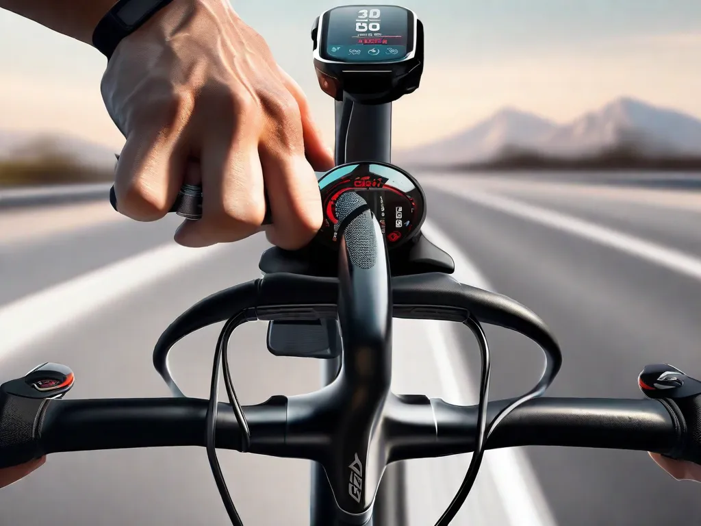 Um close-up das mãos de um ciclista segurando firmemente o guidão, com um smartwatch visível exibindo métricas de ciclismo em tempo real. A bicicleta está equipada com um capacete elegante repousando no guidão, e ao fundo, uma estrada aberta e clara se estende à frente, simbolizando confiança e preparação para a jornada.