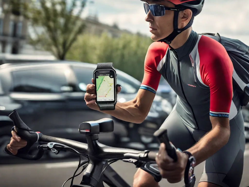Um ciclista observa um smartwatch, que mostra estatísticas em tempo real, enquanto um smartphone acoplado ao guidão exibe um mapa GPS ao vivo. Sensores montados no equipamento são sutilmente visíveis, reforçando a atmosfera de alta tecnologia.