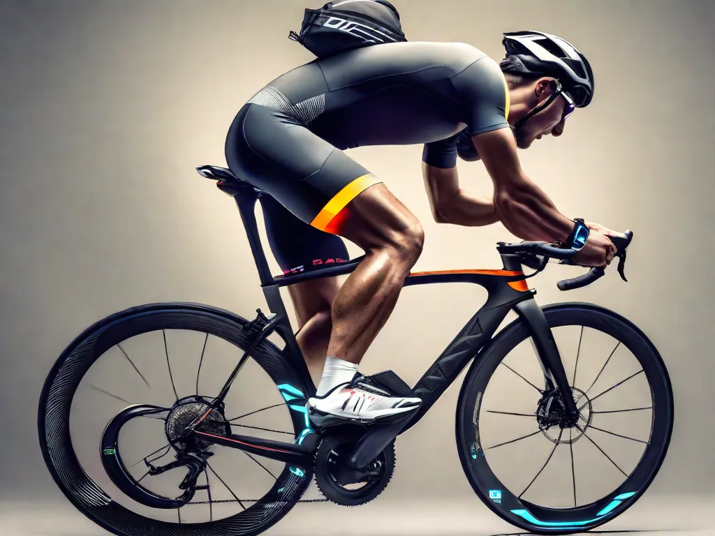 Uma imagem de um ciclista usando um smartwatch, com uma tela exibindo diversos dados como frequência cardíaca, distância percorrida, velocidade e calorias queimadas. Isso ilustra o tema de monitoramento e acompanhamento de resultados no ciclismo, destacando a importância da tecnologia na otimização do desempenho.