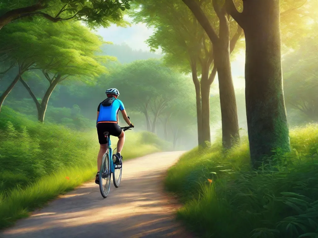 Nesta imagem, uma pessoa é vista pedalando uma bicicleta em um caminho cênico cercado por vegetação exuberante. O ciclista tem uma expressão serena no rosto, simbolizando a importância emocional dos sonhos envolvendo bicicletas. Isso representa liberdade, independência e um senso de aventura, nos lembrando de abraçar a jornada da vida com entusiasmo e ot