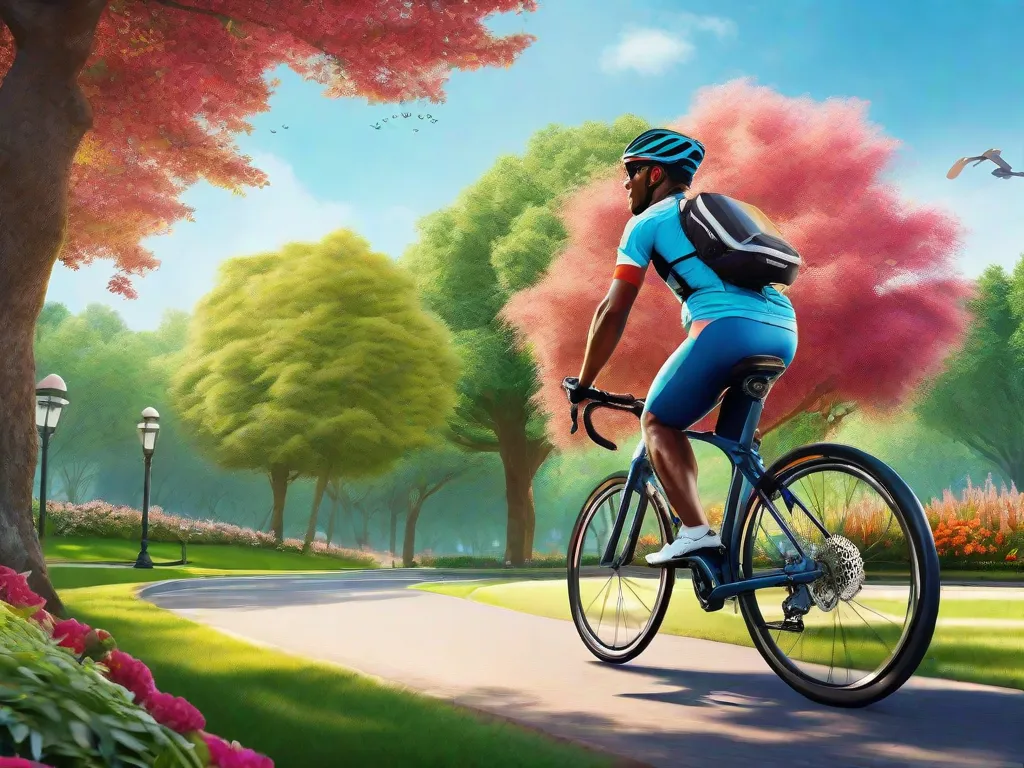 Uma imagem vibrante mostrando um ciclista pedalando por um parque pitoresco, com um sorriso radiante no rosto. O ciclista está rodeado por uma vegetação exuberante, céu azul claro e os sons serenos da natureza. Essa imagem representa o impacto positivo do ciclismo na saúde física e mental, promovendo um estilo de vida ativo e gratificante.