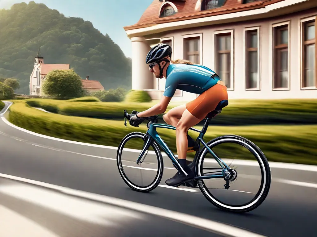 Descrição da imagem: Um ciclista pedala confiantemente em uma bicicleta perfeitamente ajustada em uma estrada cênica. Com uma postura relaxada e um sorriso no rosto, eles mostram os benefícios de usar uma bicicleta que se encaixa perfeitamente neles. A imagem captura a harmonia entre o ciclista e sua bicicleta, enfatizando o conforto, o controle e o prazer