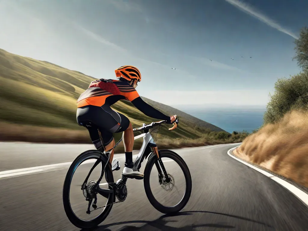 Descrição da imagem: Um ciclista é mostrado subindo uma colina íngreme, com determinação e foco em seu rosto. A estrada à frente é sinuosa e desafiadora, simbolizando a prática constante e gradual necessária para a melhoria. O esforço e a perseverança do ciclista exemplificam a importância do progresso consistente e gradual na conquista de objetivos.