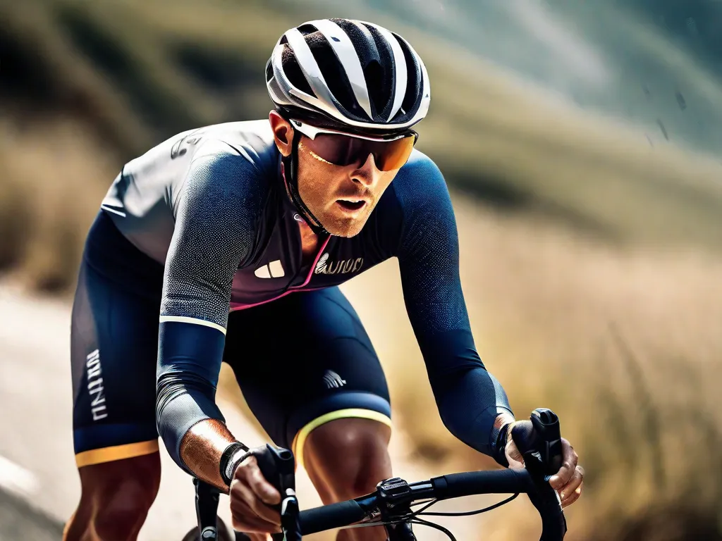 Uma imagem de um ciclista subindo uma colina íngreme, com suor escorrendo pelo rosto e uma expressão determinada. O esforço intenso e a resistência necessários para variar a intensidade e a duração dos exercícios são capturados nesta imagem poderosa.