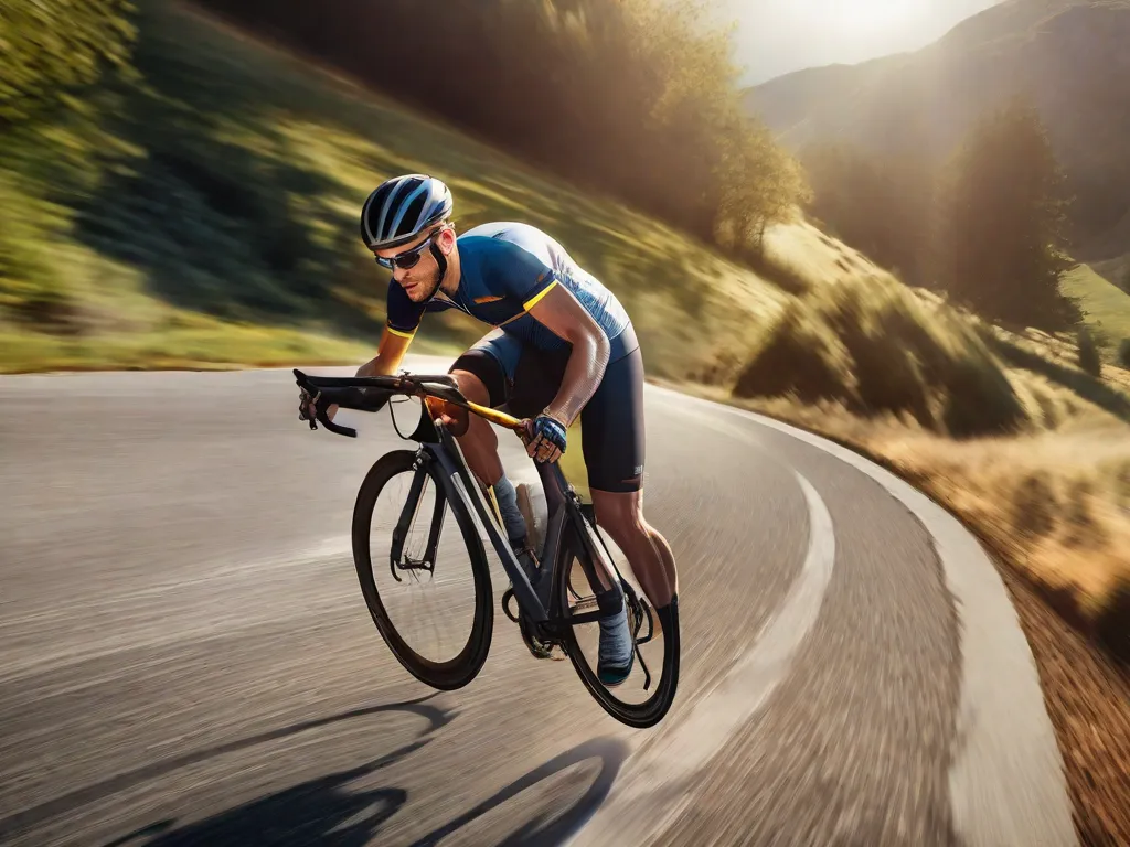 Descrição da imagem: Um ciclista está mostrado pedalando em uma colina íngreme, com determinação e foco em seu rosto. O sol está brilhando intensamente, lançando um brilho quente na estrada à frente. Os músculos do ciclista estão visivelmente definidos, mostrando a força física e resistência necessárias para obter melhores resultados em rotinas de treinamento.