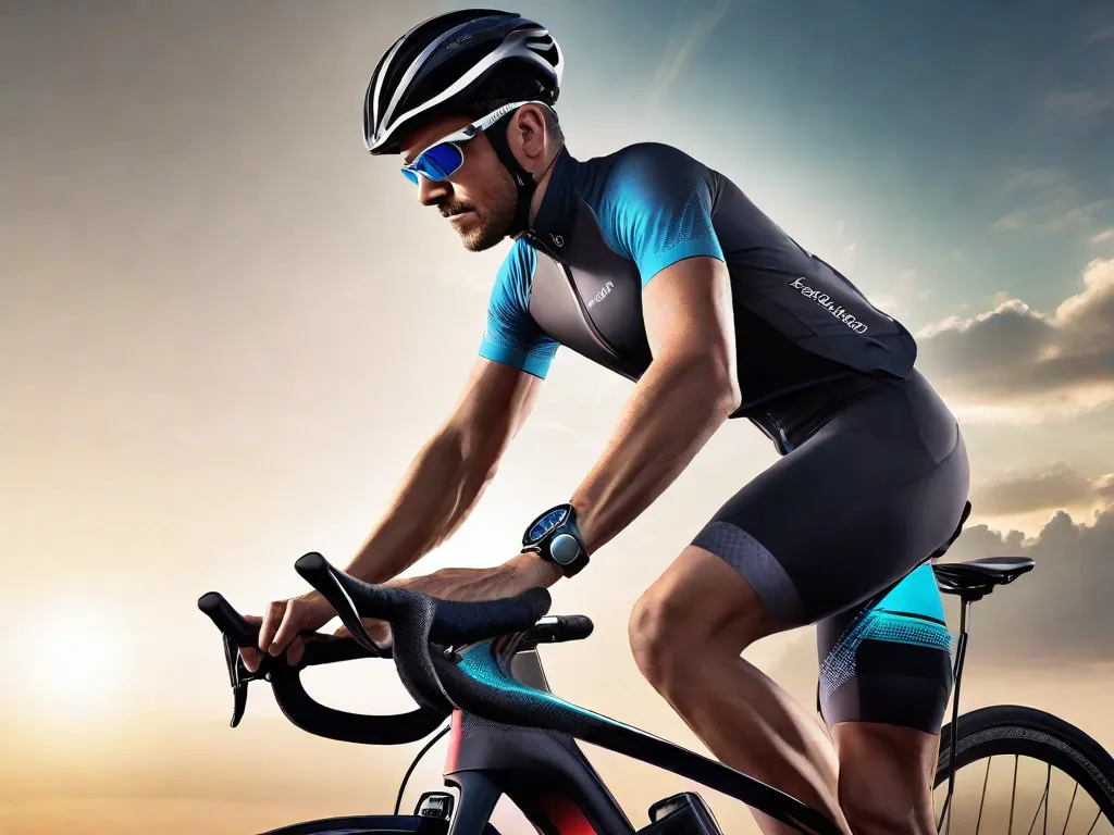 Uma imagem retratando um ciclista vestindo equipamentos de ciclismo de alta tecnologia, com uma bicicleta elegante e moderna equipada com tecnologia avançada. O ciclista é visto usando um smartwatch para rastrear seu desempenho e um smartphone montado no guidão, exibindo um aplicativo de ciclismo para navegação e análise de dados.