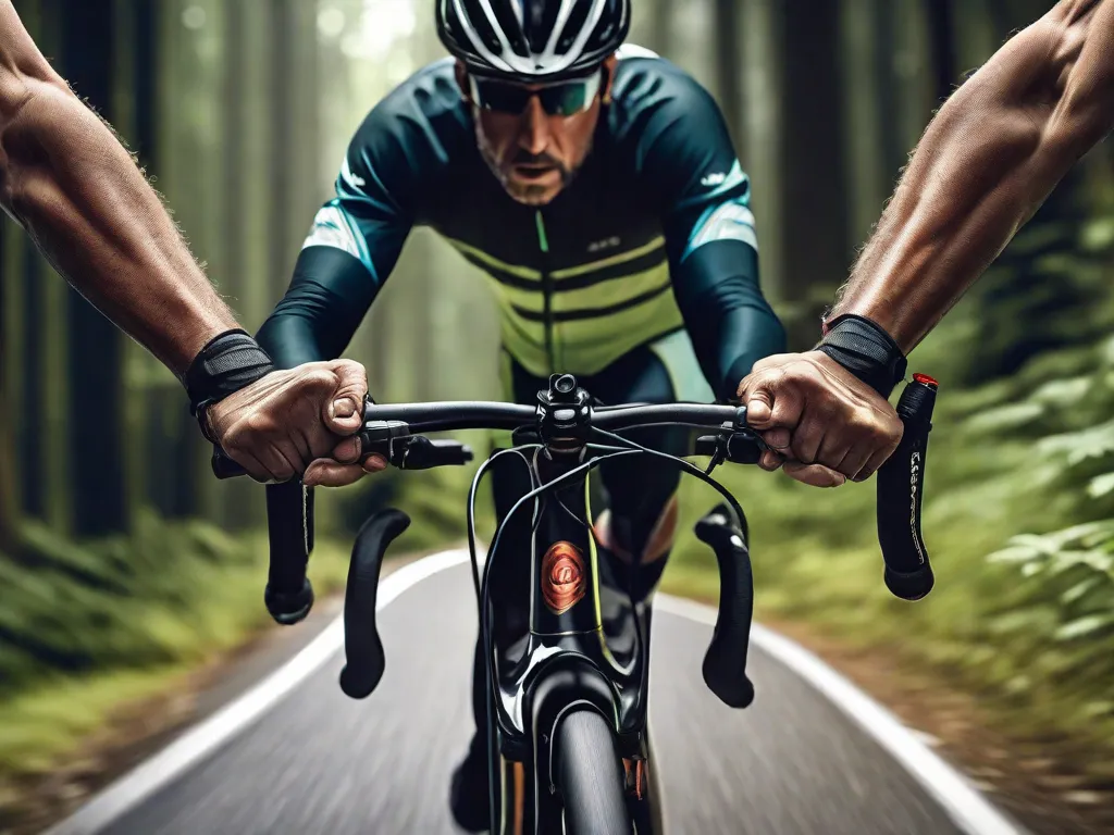 Um close-up da mão cerrada de um ciclista segurando o guidão, com os nós dos dedos embranquecidos pela tensão, com um caminho florestal escuro e desfocado à frente, sugerindo uma sensação de receio e os desafios desconhecidos que aguardam na trilha.