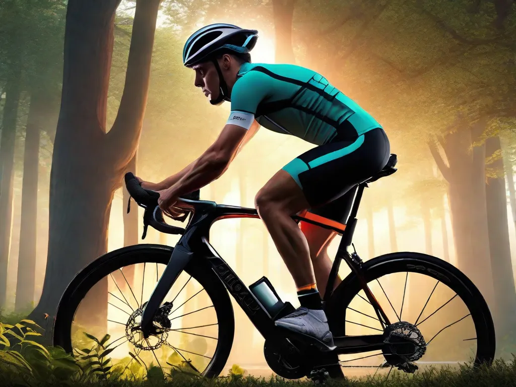 Uma imagem de um ciclista adulto concentrado inalando profundamente enquanto usa um treinador muscular respiratório portátil, com um cenário ao ar livre sereno indicando que ele está se preparando para um passeio ou se recuperando depois de um. Ao fundo, são visíveis árvores e um pôr do sol.