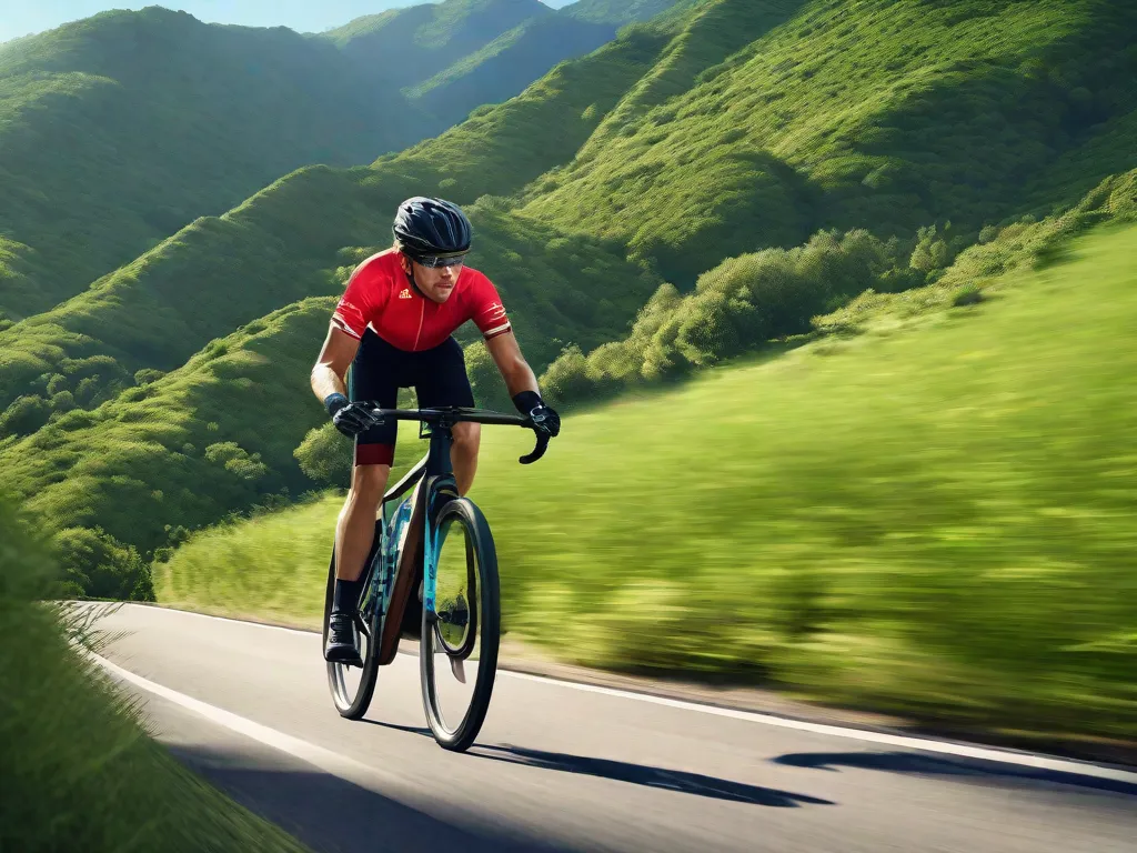 Um ciclista em movimento, pedalando por uma trilha cênica na montanha, cercado por uma vegetação exuberante e um céu azul límpido acima. O ciclista está equipado com capacete, luvas e vestuário de desempenho, enfatizando a importância da prática regular e da segurança.
