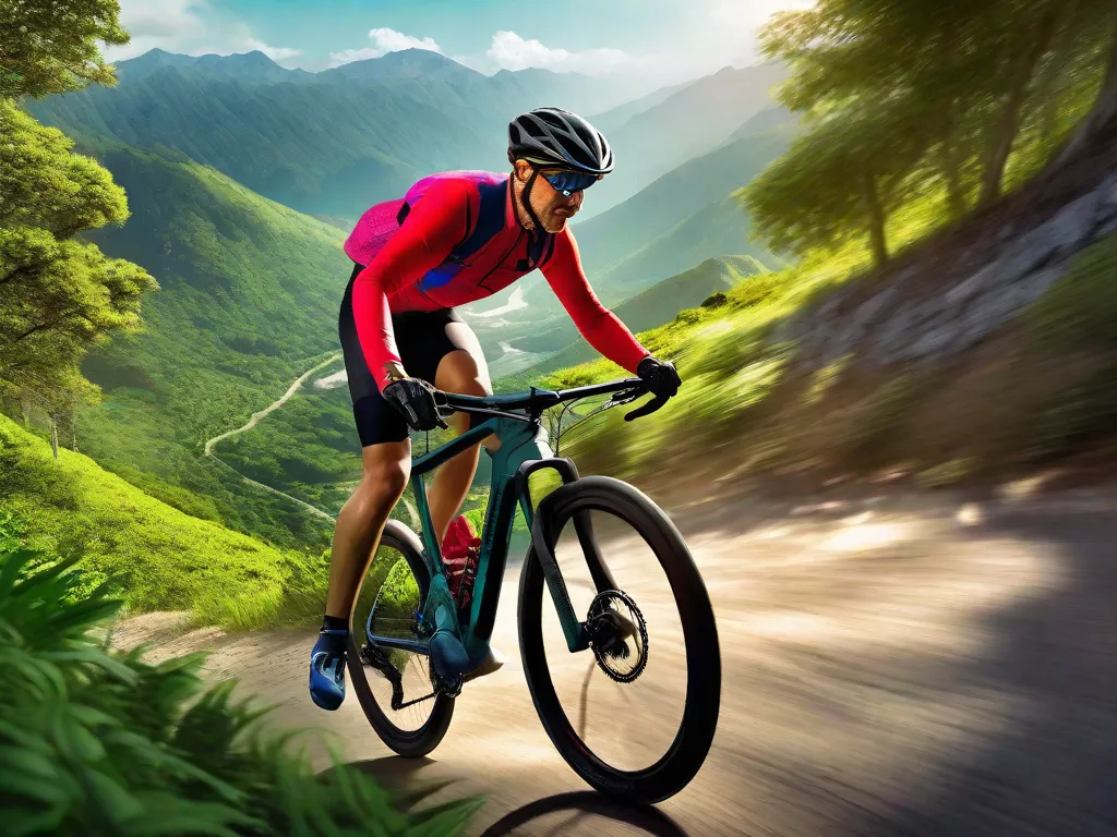 Descrição da imagem: Um ciclista é visto pedalando em uma trilha de montanha cênica, cercado por vegetação exuberante. O ciclista está vestindo roupas vibrantes de ciclismo e está manobrando com confiança pelas curvas e reviravoltas da trilha. A imagem captura a emoção e aventura de explorar diferentes alternativas de exercícios para uma rotina de treinamento