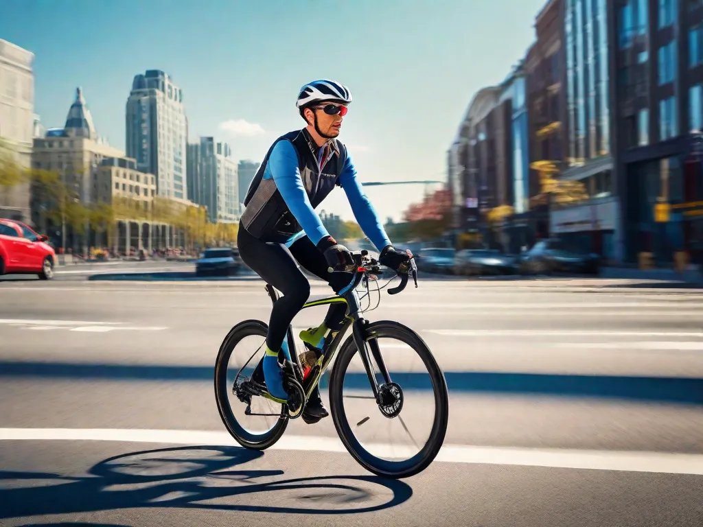 Uma bicicleta está encostada em uma grade de proteção no amplo acostamento pavimentado de uma estrada rural tranquila. A estrada se estende até o horizonte, ladeada por campos e um céu azul limpo acima, transmitindo uma sensação de tranquilidade e solidão ideal para andar de bicicleta.