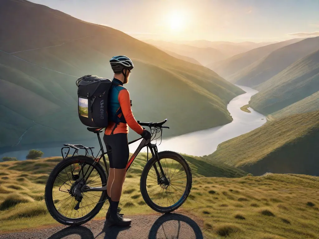 Um ciclista está ao lado de sua bicicleta de turismo, contemplando um vale cênico com um mapa na mão. A bicicleta está equipada com alforjes e um dispositivo GPS, pronta para uma jornada de longa distância. A luz do sol banha a paisagem, sugerindo o início da aventura de um novo dia.