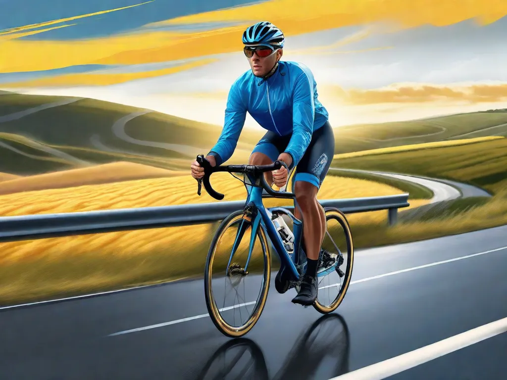 Um ciclista, vestido com uma jaqueta corta-vento brilhante e aerodinâmica, inclina-se contra um vento frontal forte em uma estrada aberta ladeada por campos dourados, a jaqueta inflando levemente, mas protegendo efetivamente contra os elementos. O céu é uma mistura dramática de azul e cinza, enfatizando a presença do vento.